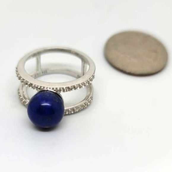 New Lapis Lazuli Round Bead Set Negative Space Diamond Simulant Ring Sz 9.5 - Picture 4 of 4